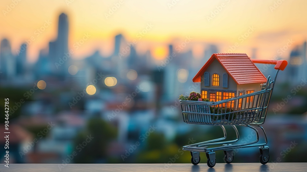 Miniature House Model in a Shopping Cart Against a City Skyline at Sunset Miniature House Model in a Shopping Cart Against a City Skyline at Sunset