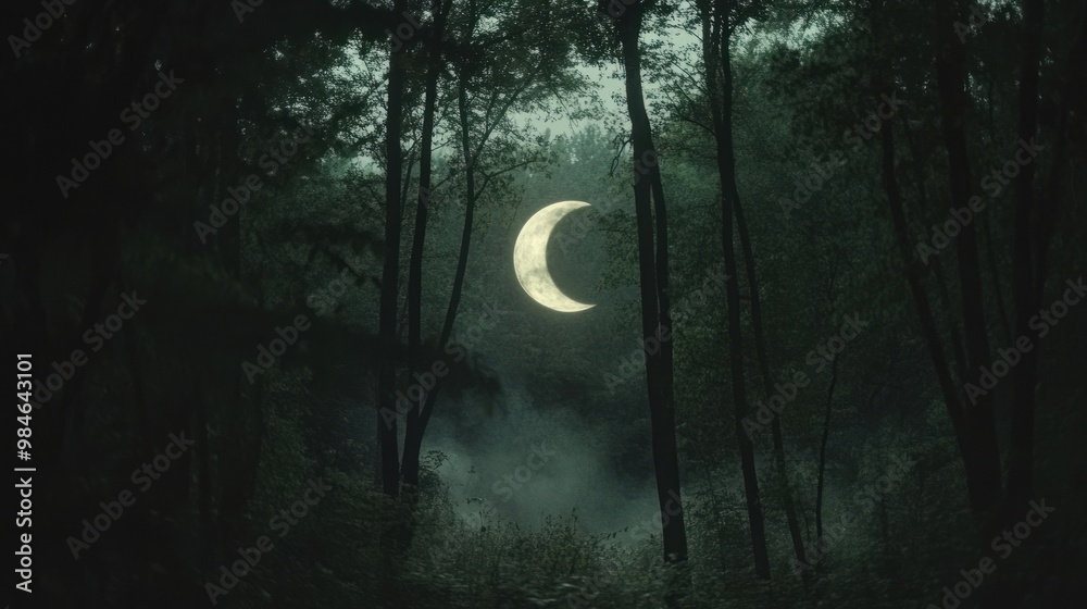 A mystical scene of a crescent moon glowing amidst dark, foggy woods. A mystical scene of a crescent moon glowing amidst dark, foggy woods.
