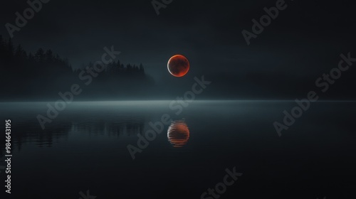 A serene night scene with a glowing moon reflecting on a calm lake surrounded by trees. photo