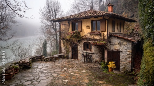 A quaint, rustic house by a misty river, surrounded by trees and a stone pathway.