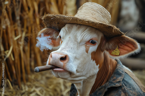 A cow wearing a hat is smoking a cigarette in farm.generative AI