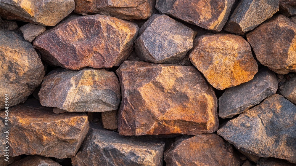 A close-up view of a stone wall made of various textured rocks in earthy tones. A close-up view of a stone wall made of various textured rocks in earthy tones.