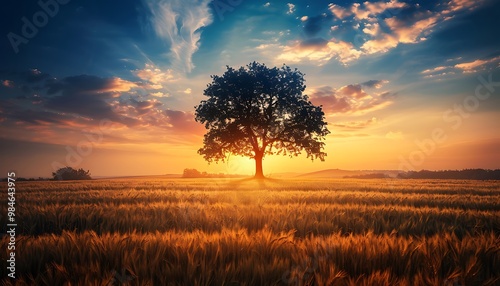 Fototapeta Naklejka Na Ścianę i Meble -  Beautiful sunset over meadow with lonely tree