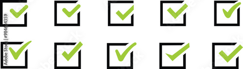 Check marks set. Check mark green vector icons, Simple check marks. Checklist symbols.  Approval check flat style. Correct vote choise isolated symbol.