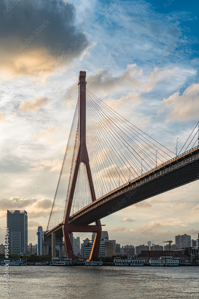 Obraz premium Shanghai Cable-stayed bridge Yangpu Bridge at dusk.