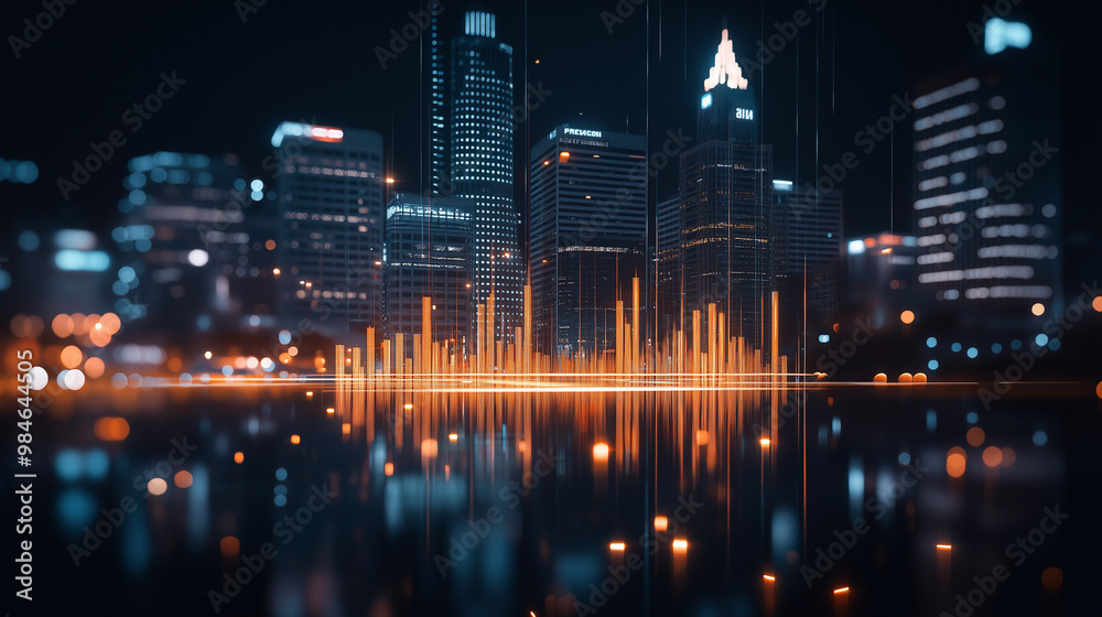 Fototapeta premium Skyscrapers Cityscape Downtown View, Nashville Skyline Buildings. Beautiful Real Estate. Night time. Forex Financial graph and chart hologram. Business education concept.
