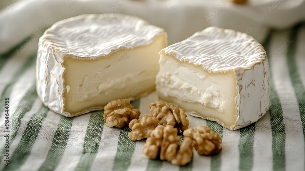 Product photography, a very close-up shot of a single piece of black-colored manchego cheese on the right side and another with a white rind in front, next to walnuts and a green-striped tablecloth Product photography, a very close-up shot of a single piece of black-colored manchego cheese on the right side and another with a white rind in front, next to walnuts and a green-striped tablecloth