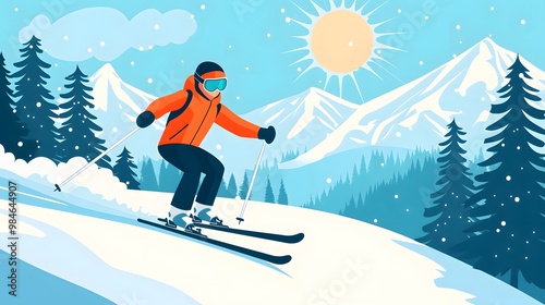 Skiing athlete on the mountain, flat design illustration with simple shapes and lines, vector graphic, simple details, simple colors, minimalistic style