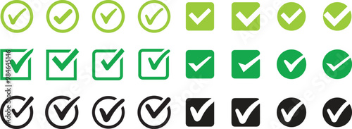 Check marks set. Check mark green vector icons, Simple check marks. Checklist symbols.  Approval check flat style. Correct vote choise isolated symbol.