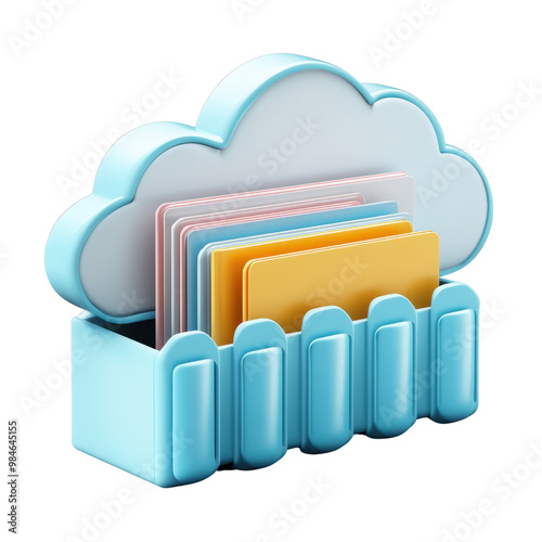 Colorful Cloud Storage with Documents Visualization in white isolated background.