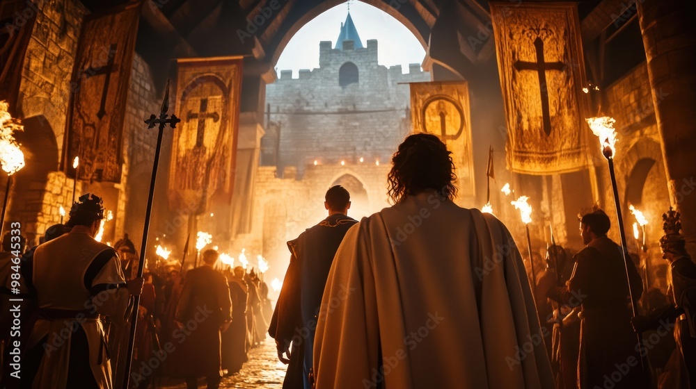 A medieval gathering with figures in cloaks, torches, and banners inside a grand castle.
