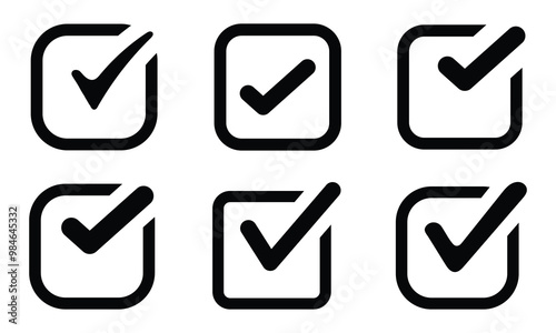 Check mark icons set. Check marks symbol collection.  Circle and square tick symbol. Checklist symbols. Approval checks flat style.
