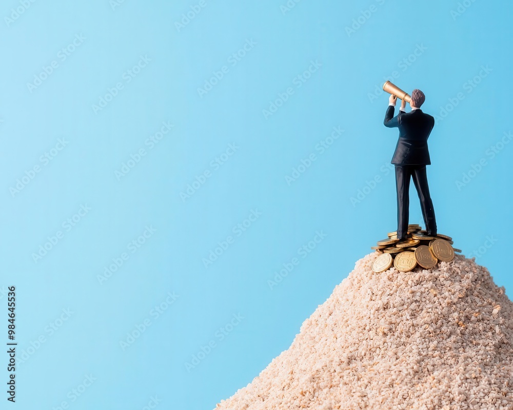 Visionary looking at a mountain of coins with a telescope, planning future abundance Visionary looking at a mountain of coins with a telescope, planning future abundance