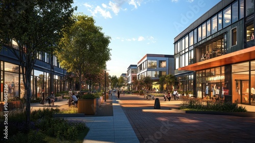 Vibrant Urban Shopping District with Lush Greenery