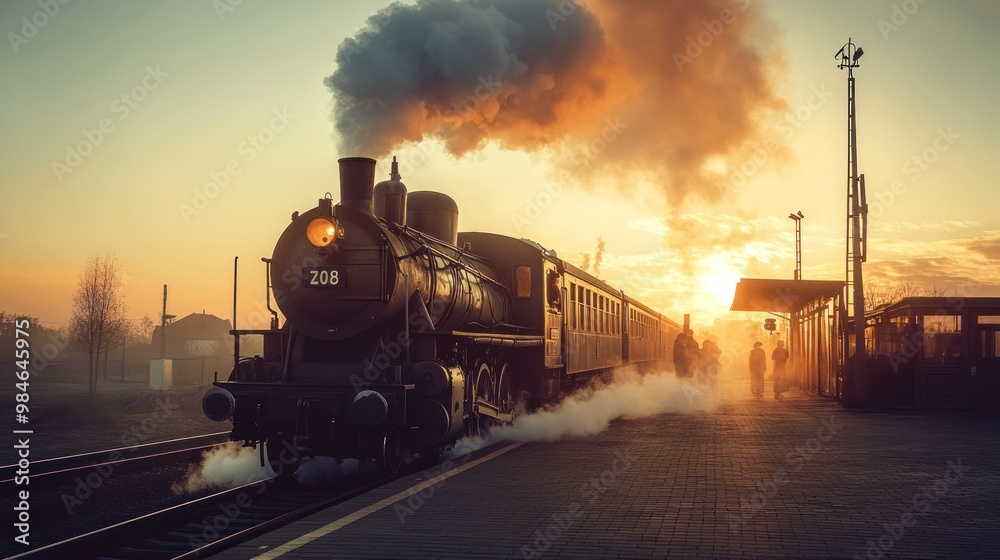 Fototapeta premium A vintage steam train at a station during sunset, creating a nostalgic travel atmosphere.