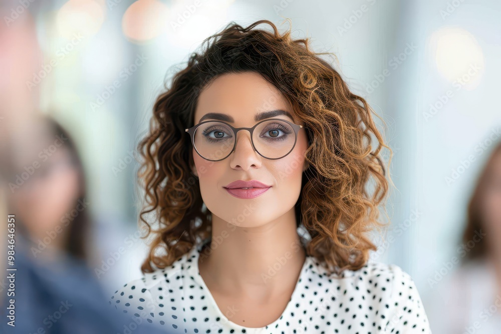 Obraz premium Portrait of a confident woman with curly hair and glasses, wearing a polka dot blouse, posing in a bright setting.