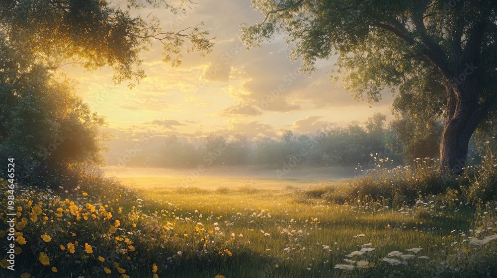 A Golden Hour Meadow with a Large Tree and Blooming Wildflowers A Golden Hour Meadow with a Large Tree and Blooming Wildflowers