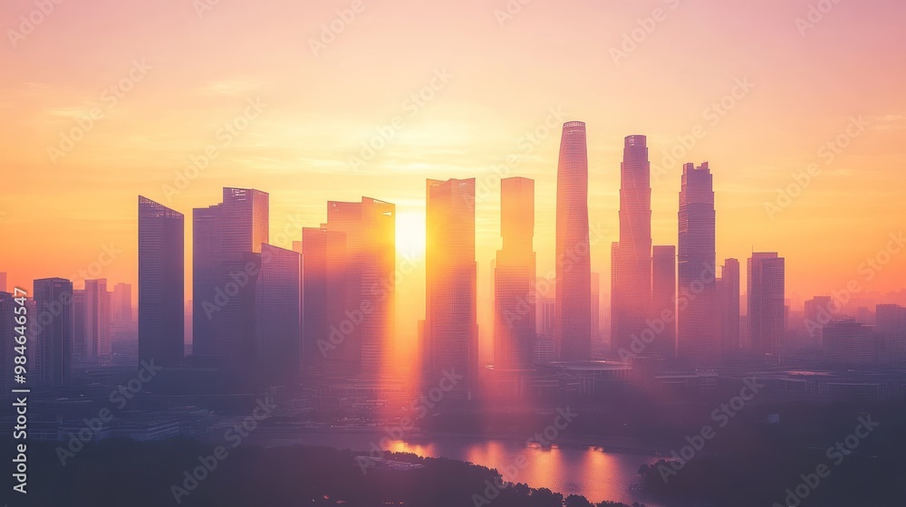 Fototapeta premium A stunning skyline at sunset, showcasing tall buildings and a vibrant sky.