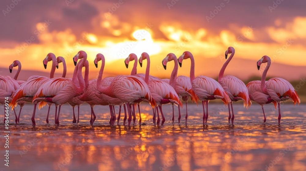 Naklejka premium A group of flamingos standing in water at sunset, showcasing vibrant colors and serene beauty.