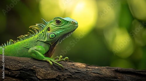 A vibrant green iguana resting on a branch, surrounded by a soft, blurred background.