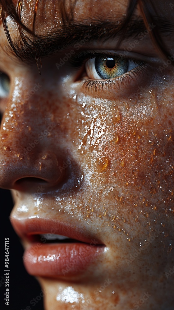 Close Up Portrait of a Man's Face with Water Droplets