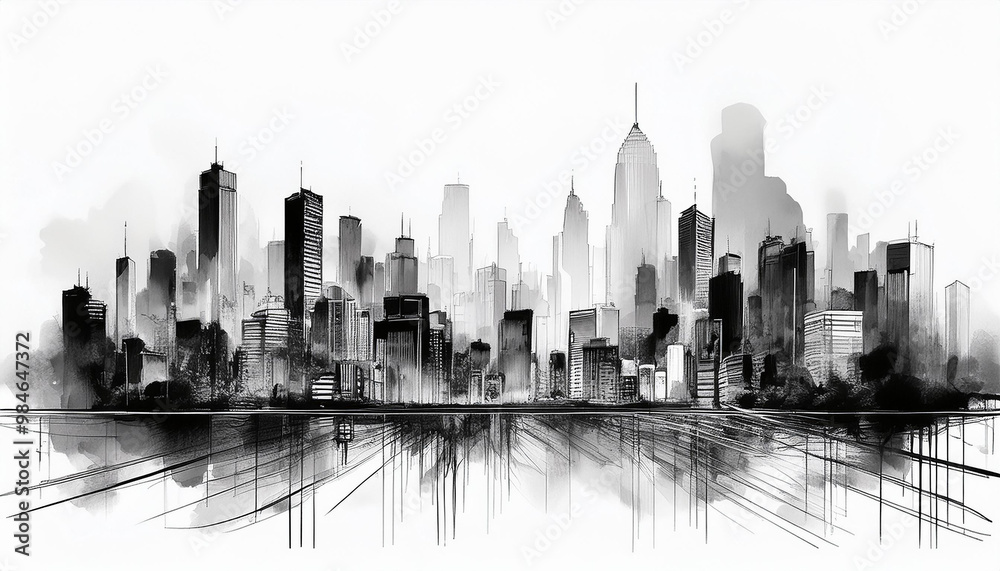 Fototapeta premium Abstract cityscape in monochrome black ink, watercolor washes. Modern buildings. Urban life.