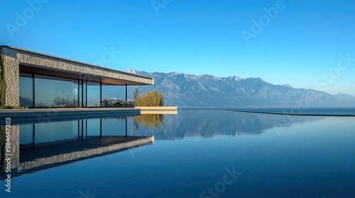 Wallpaper Mural Modern architecture with a serene reflection over a tranquil pool and mountain backdrop. Torontodigital.ca