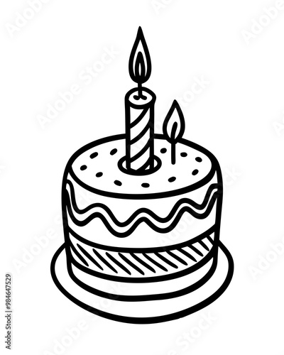 Birthday cake with candle line art vector illustration 