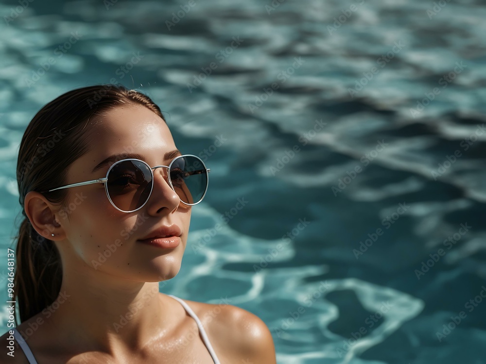 Woman enjoying a swim in a clear pool with stylish sunglasses. Woman enjoying a swim in a clear pool with stylish sunglasses.