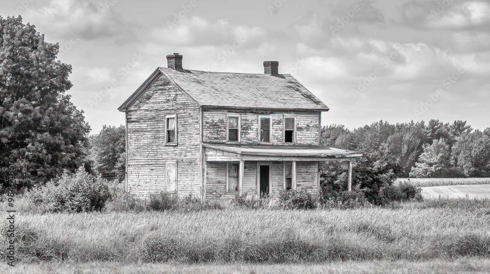 A dilapidated two-story house stands alone amidst overgrown grass and trees. A dilapidated two-story house stands alone amidst overgrown grass and trees.