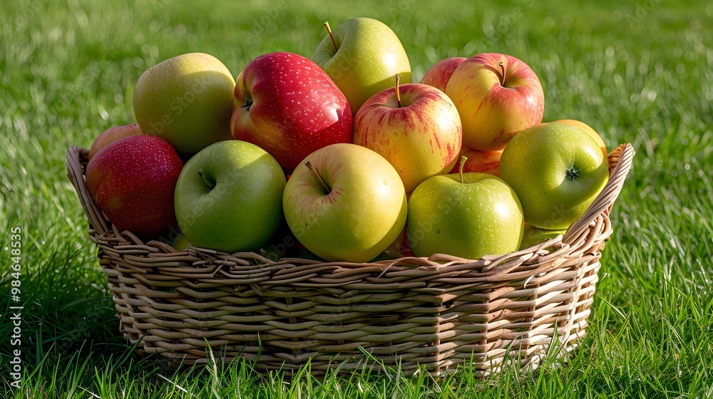 Variety of Fresh Apples in Wicker Basket on Grassy Field with Copy Space Variety of Fresh Apples in Wicker Basket on Grassy Field with Copy Space
