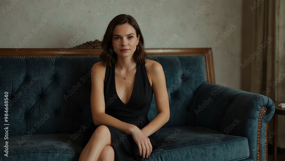 Woman in a black dress sitting on a couch. Woman in a black dress sitting on a couch.