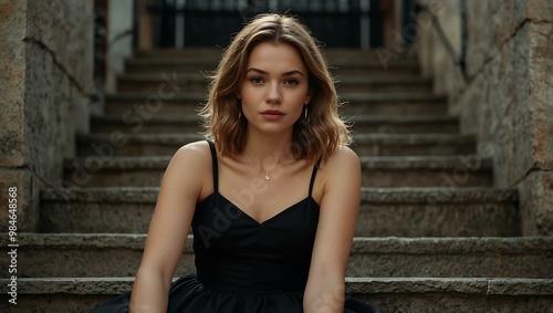 Woman in a black dress sitting on stairs.