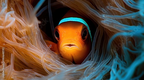 A vibrant clownfish peeks out from a colorful anemone in a captivating underwater scene. photo