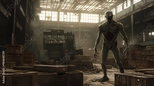 A rotting zombie monster standing in an abandoned warehouse filled with dusty crates and broken machinery. Abandoned Warehouse. Illustration