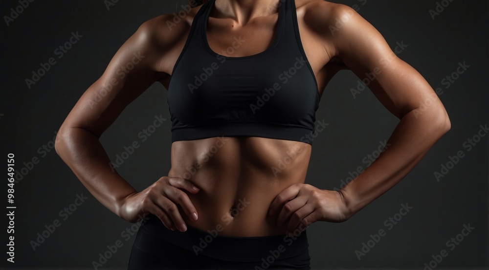 Fit woman in black sports bra showcasing toned abs Fit woman in black sports bra showcasing toned abs