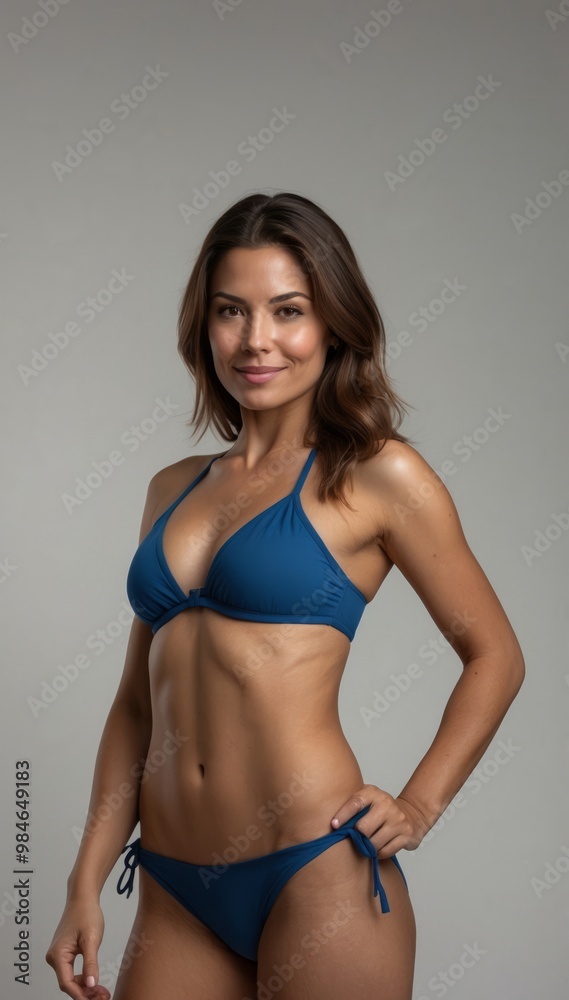 Smiling woman in blue bikini posing confidently Smiling woman in blue bikini posing confidently