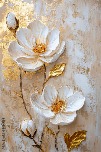 White flowers on a beige and gold background, oil painting on canvas with a palette knife
