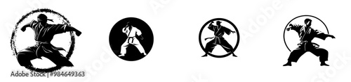 Kung Fu fighter logo, silhouette illustration of a martial artist in black and white