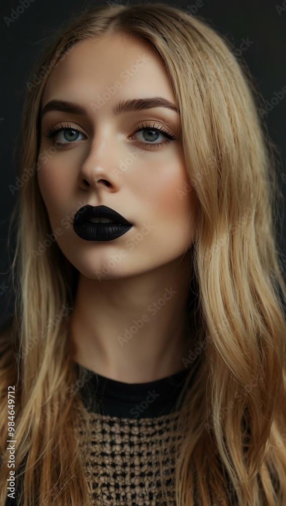 Woman with long blonde hair and black lipstick. Woman with long blonde hair and black lipstick.