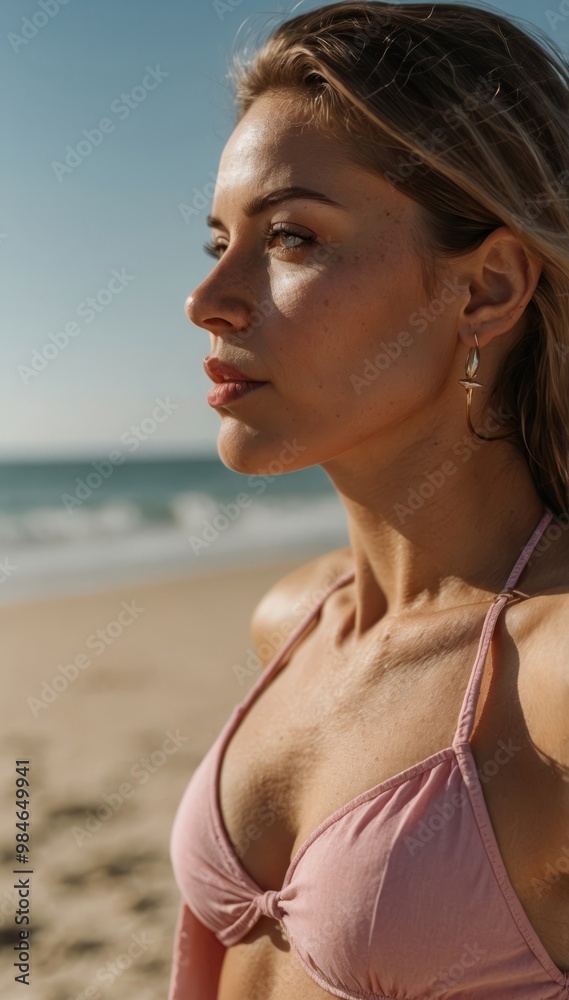 Woman in pink bikini looking out at beach Woman in pink bikini looking out at beach