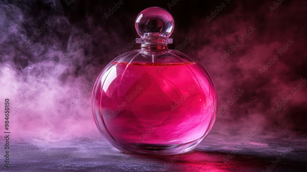 A glass perfume bottle filled with pink liquid, surrounded by mist.