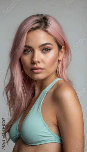 Woman with pink hair in light blue bikini