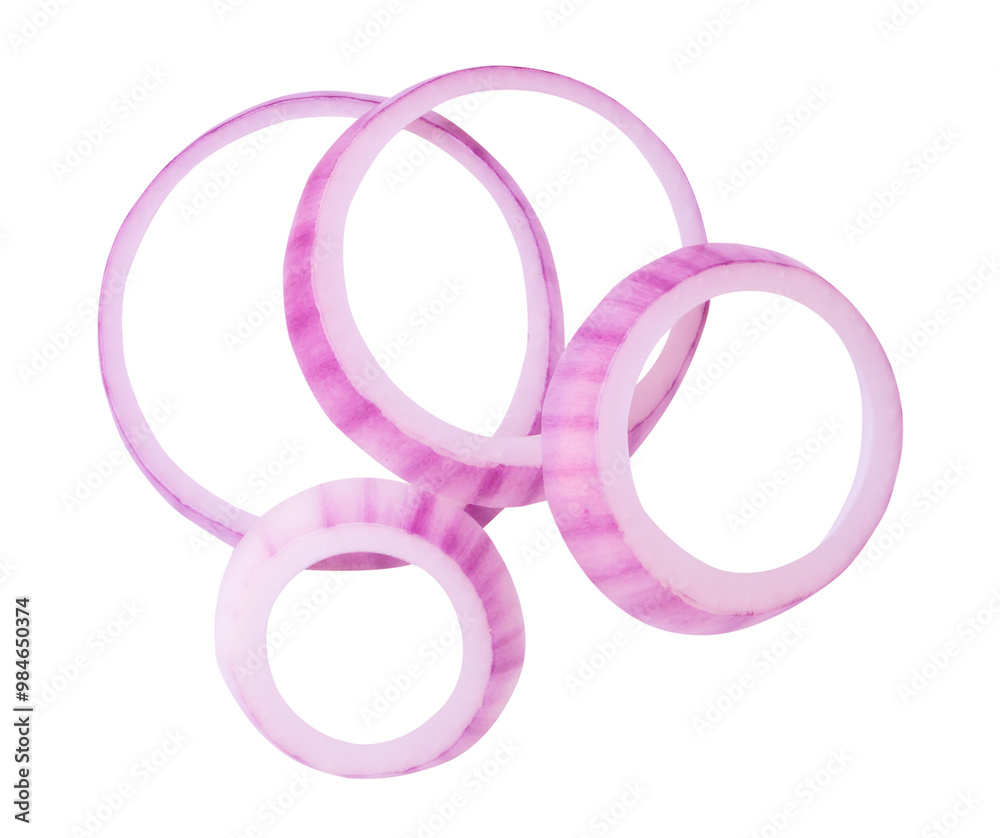 Top view of red onion slices or onion rings in circle shape in stack isolated with clipping path in png file format Top view of red onion slices or onion rings in circle shape in stack isolated with clipping path in png file format