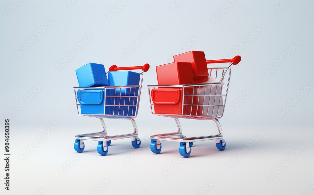 Two shopping carts, one red and one blue, each filled with boxes. Two shopping carts, one red and one blue, each filled with boxes.