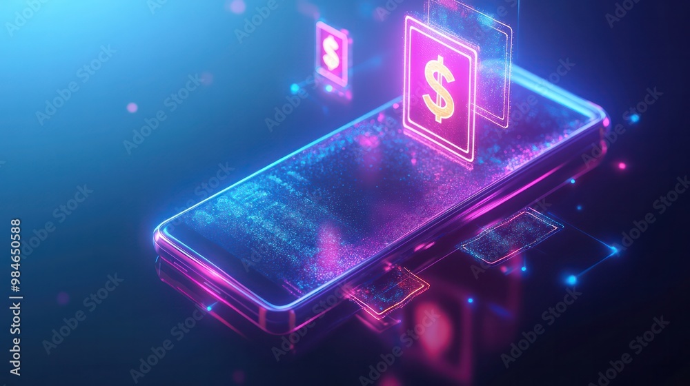 A digital money transfer concept, showcasing a smartphone with glowing digital cash symbols, representing modern finance and technology. A digital money transfer concept, showcasing a smartphone with glowing digital cash symbols, representing modern finance and technology.