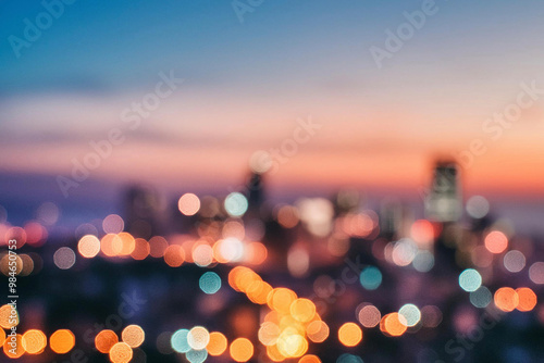 Fototapeta Naklejka Na Ścianę i Meble -  The lights of the night city. Blurred background. Lanterns on the street. big city lights in the twilight evening with blurring. Colorful circles of light abstract. circular bokeh on blue horizon.
