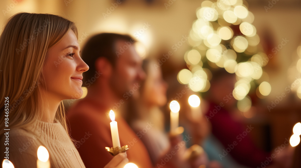 A Christmas Eve service in a beautifully lit church, with families holding candles and singing hymns. The congregation listens to a pastor giving a sermon about the birth of Jesus, A Christmas Eve service in a beautifully lit church, with families holding candles and singing hymns. The congregation listens to a pastor giving a sermon about the birth of Jesus,