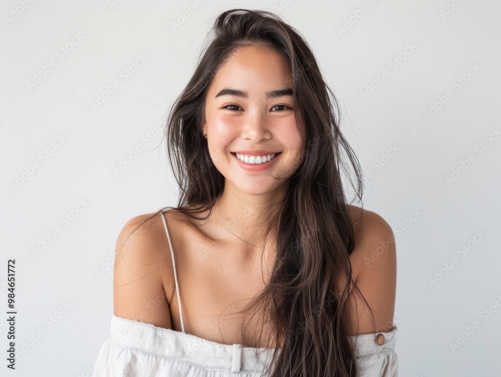 A cheerful young woman with long hair smiles warmly, embodying happiness and confidence against a neutral background.
