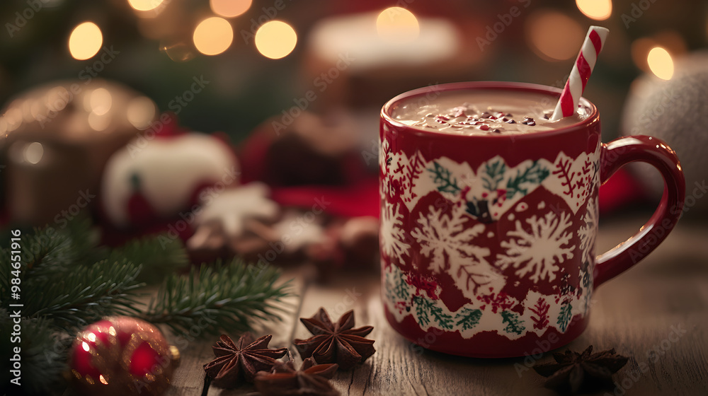 Hot cocoa in a festive mug on a holiday table.
Hot cocoa in a festive mug on a holiday table.